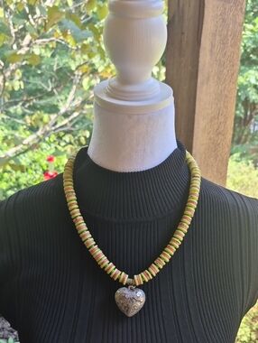 Handcrafted UPCYCLED Lime & Pink Bead Necklace with Heart Pendant
